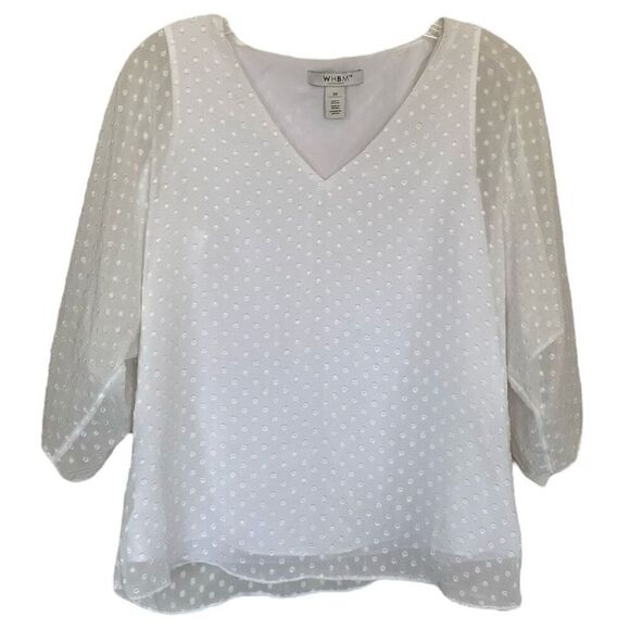 White House Black Market Tops - WHBM White Shirred Dot V-neck 3/4 Drapey Sleeve Layered Blouse Size Extra Small